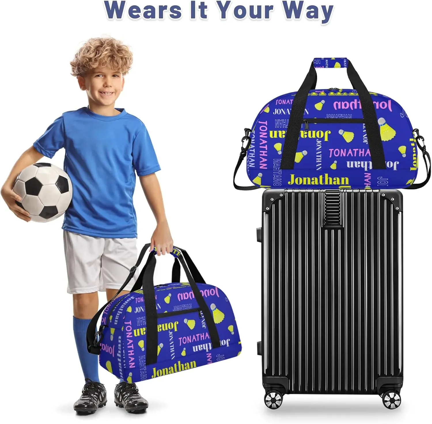Personalized Duffle Bag - Custom Name Kids Sports Bag, Sleepover Bags for Girls, Lightweight Toddler Boys Overnight Bag for Weekender Travel Cheer Dance Ball Game, Badminton Text