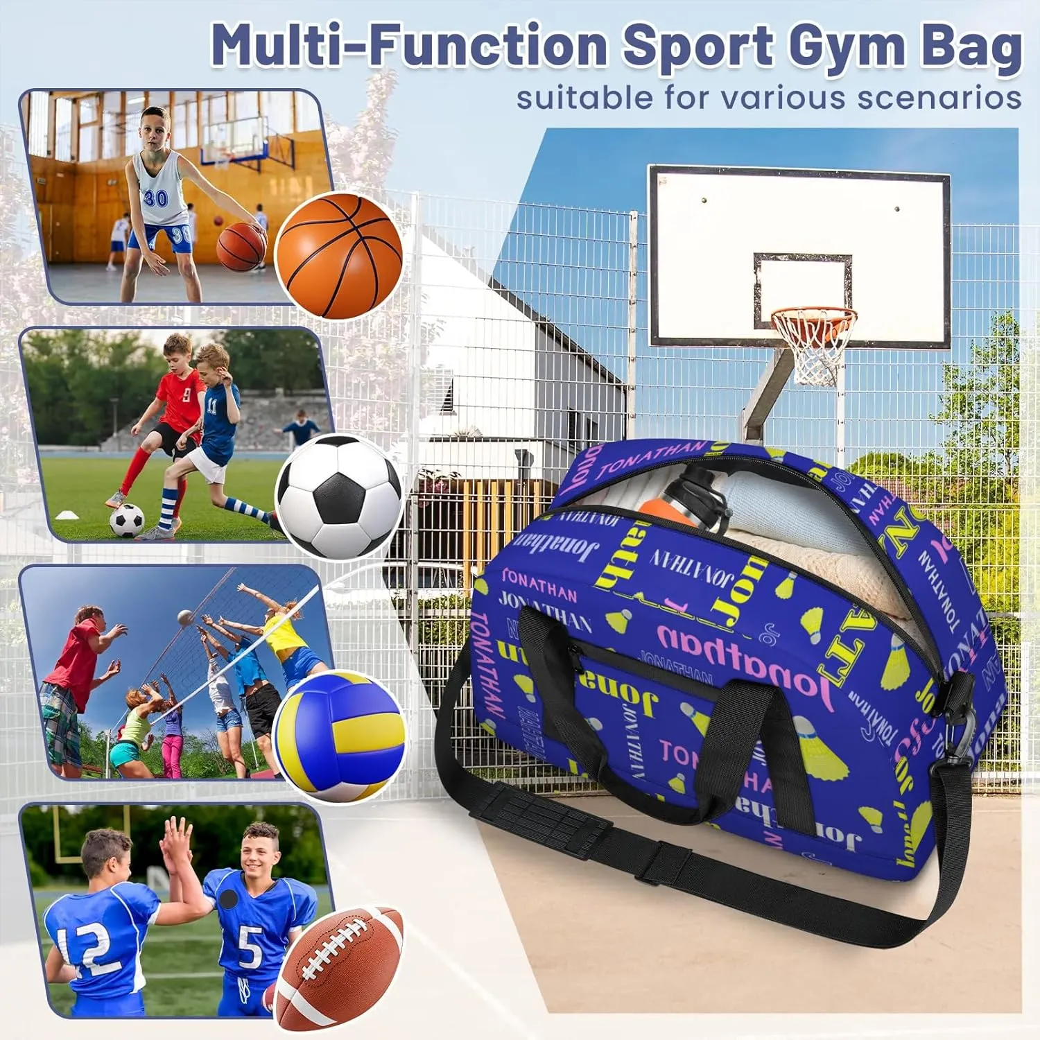 Personalized Duffle Bag - Custom Name Kids Sports Bag, Sleepover Bags for Girls, Lightweight Toddler Boys Overnight Bag for Weekender Travel Cheer Dance Ball Game, Badminton Text