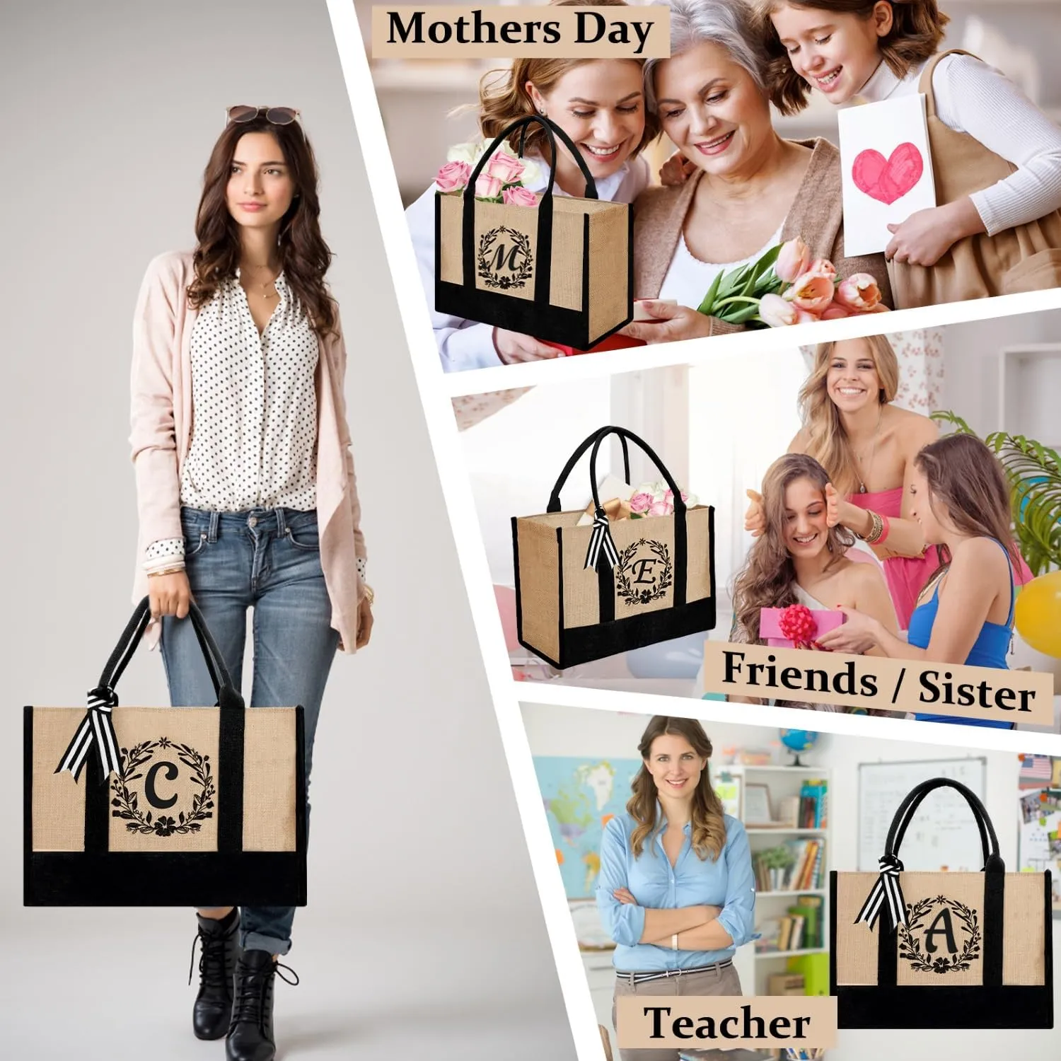 Personalized Jute Letter Tote Bag for Women Mothers Day Gifts for Mom Christmas Birthday Gift for Woman Friends