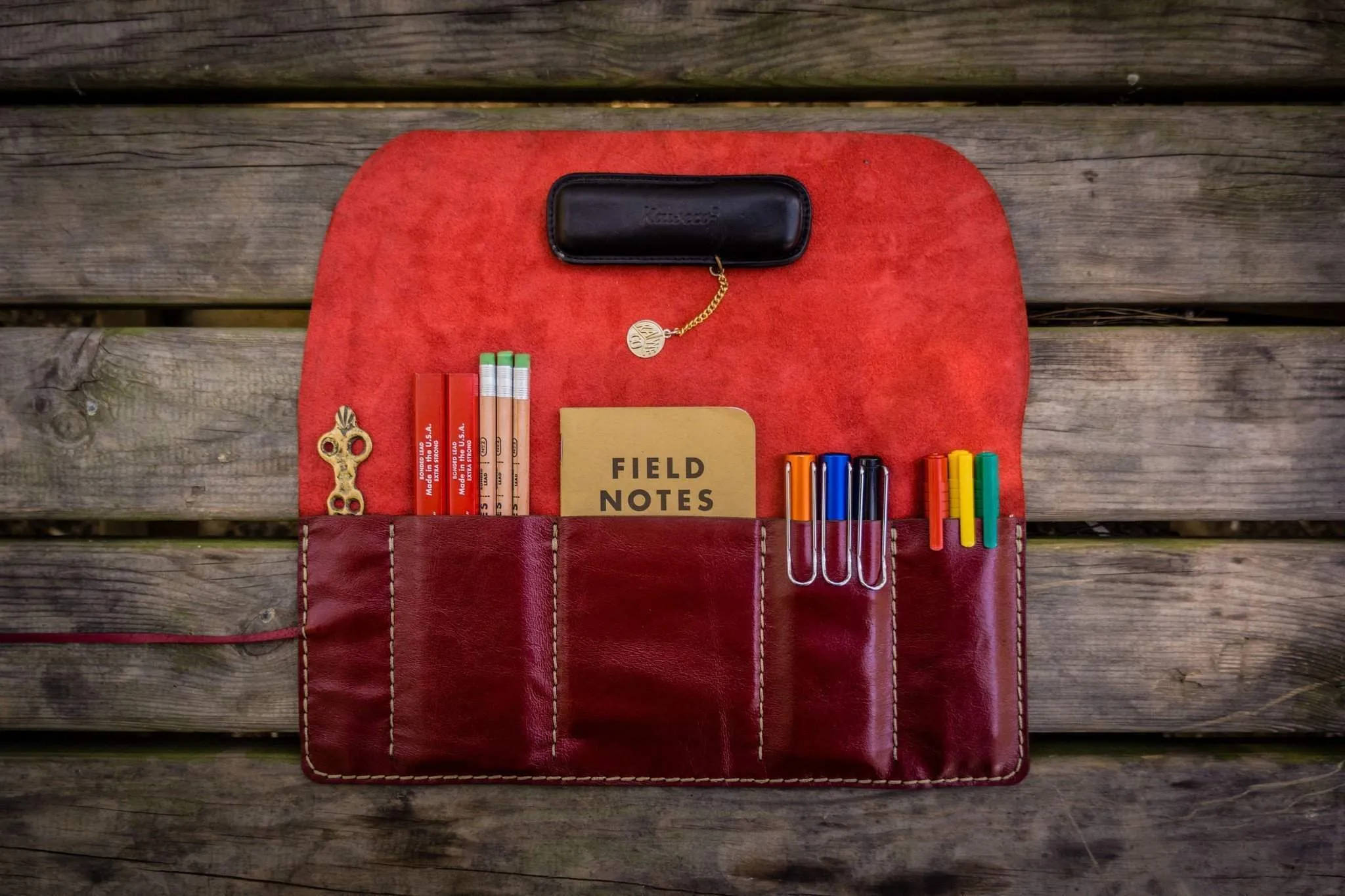 Personalized Leather Pen Roll - Red