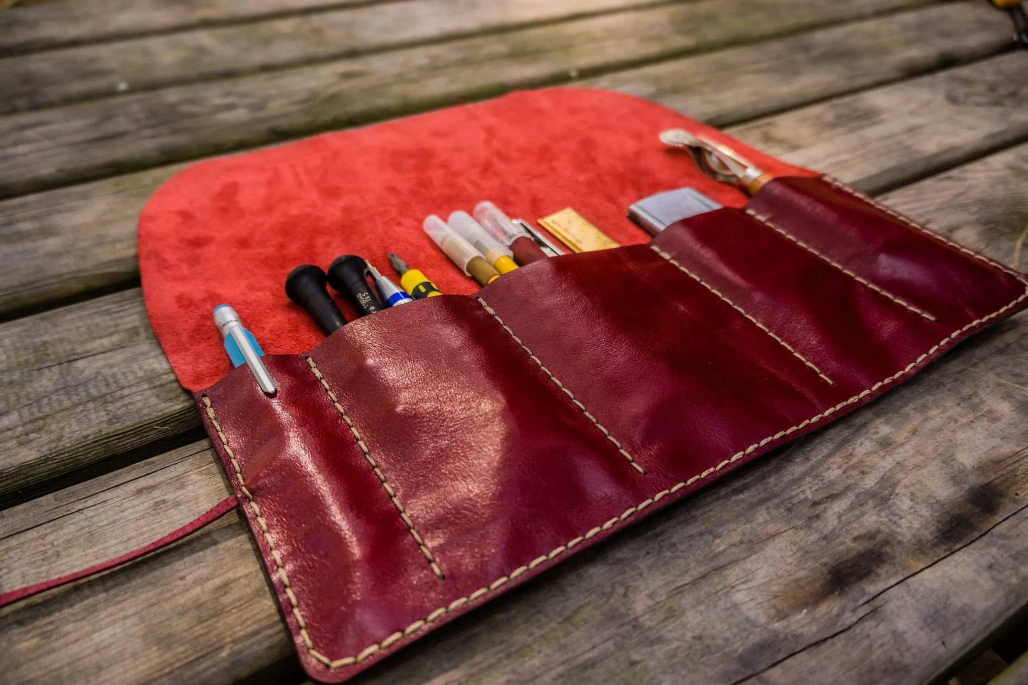 Personalized Leather Pen Roll - Red