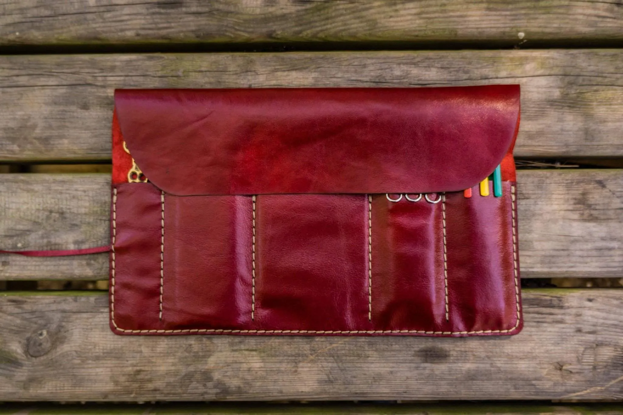 Personalized Leather Pen Roll - Red