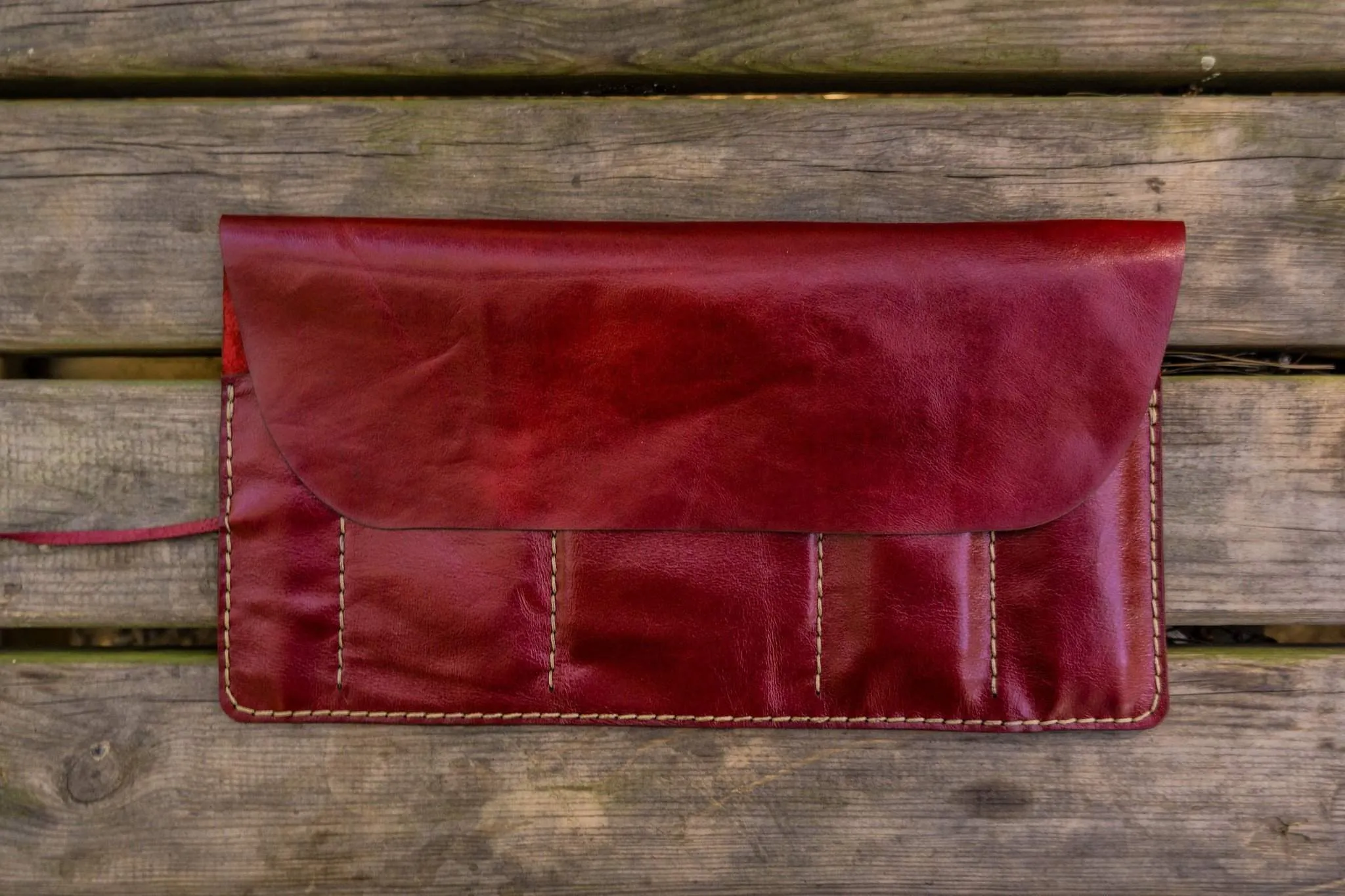 Personalized Leather Pen Roll - Red