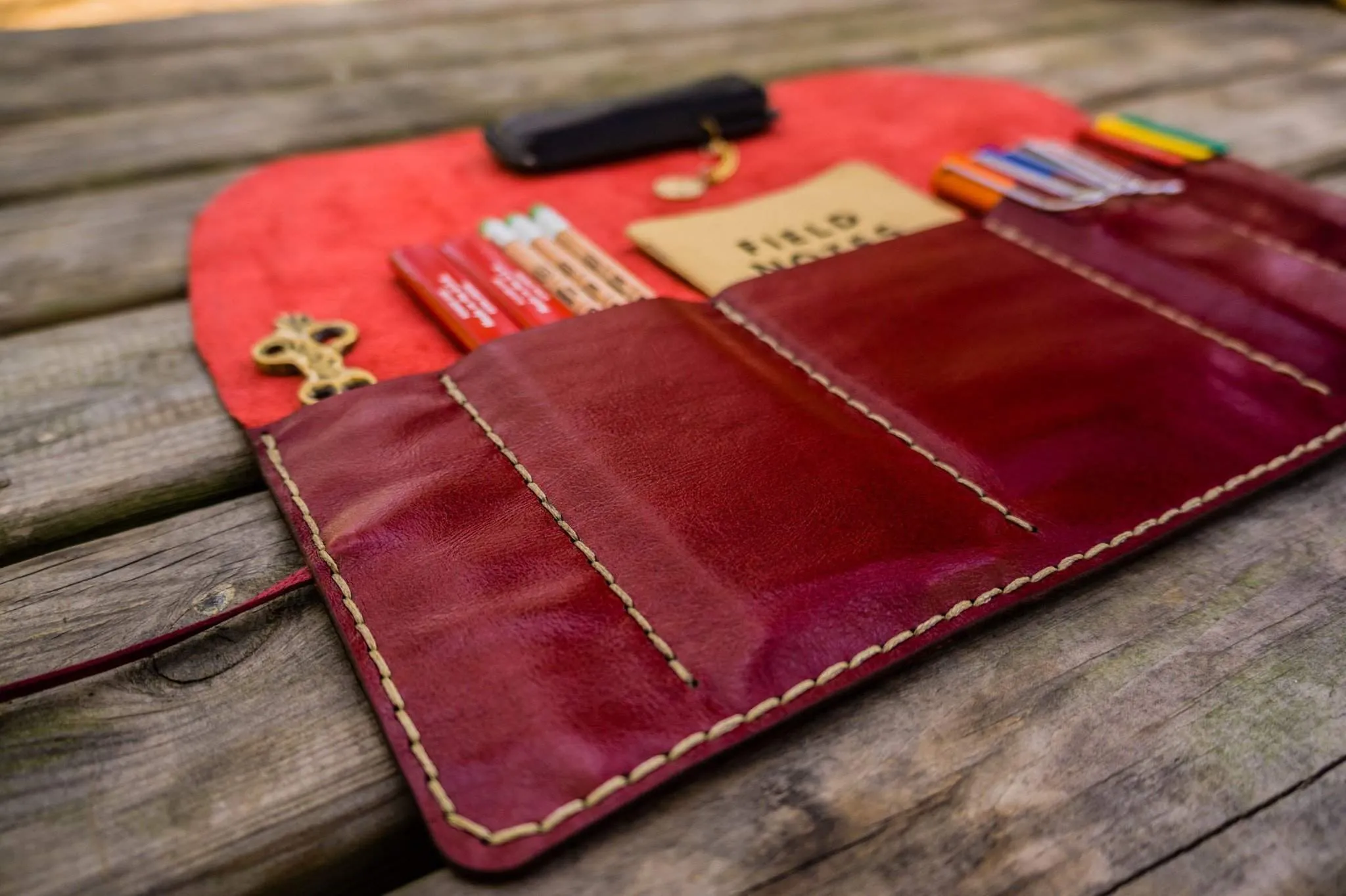 Personalized Leather Pen Roll - Red