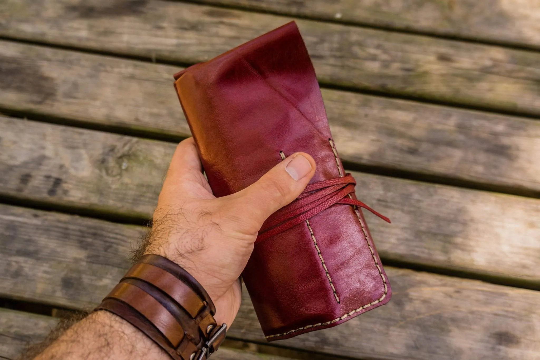 Personalized Leather Pen Roll - Red