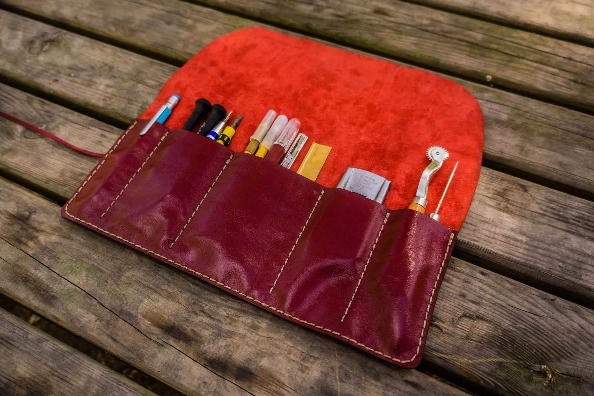 Personalized Leather Pen Roll - Red