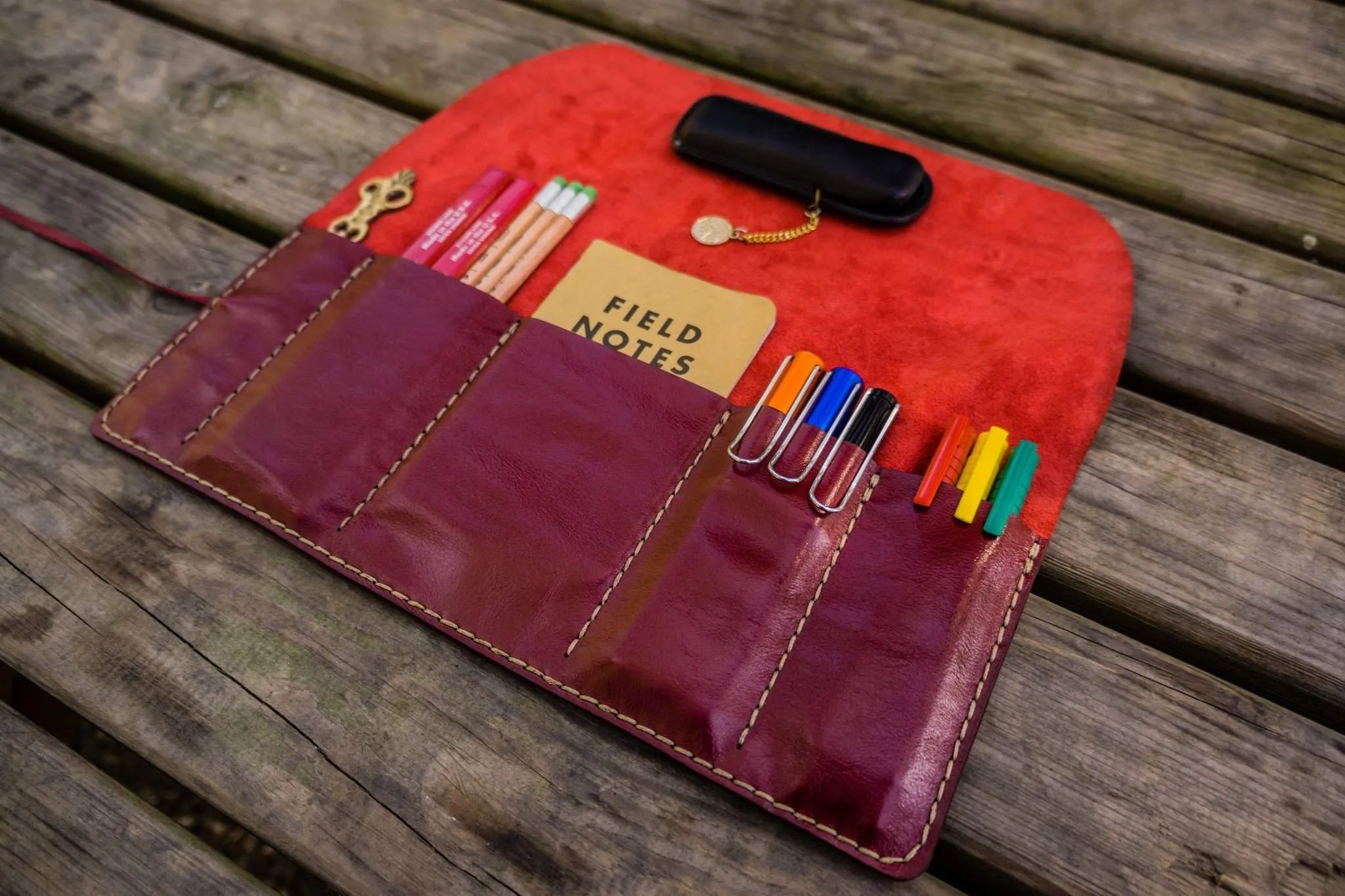 Personalized Leather Pen Roll - Red