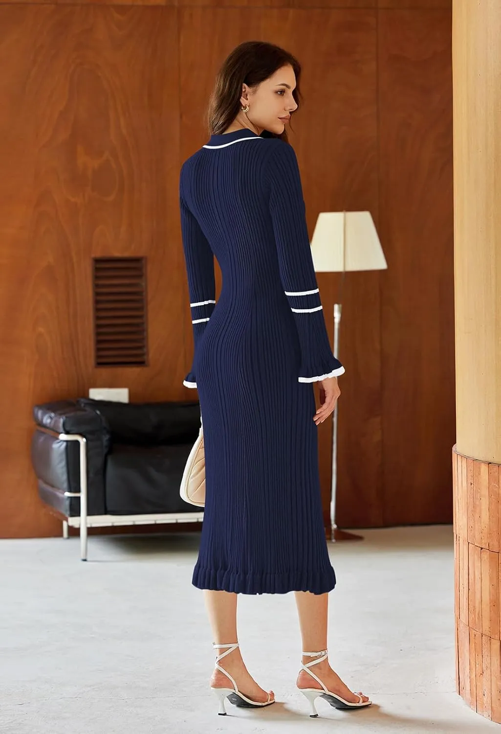 Pink Queen Women's V Neck Bodycon Sweater Dress 2024 Long Sleeve Half Button Slim Fitted Ruffle Ribbed Knit Maxi Pencil Dress