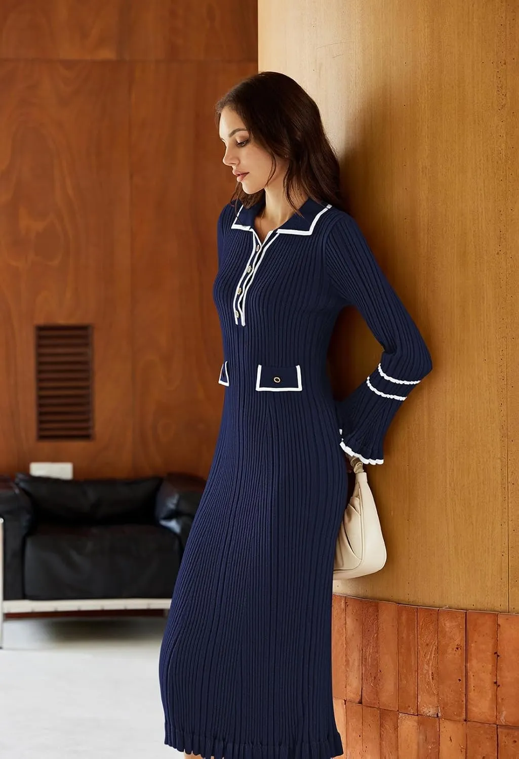 Pink Queen Women's V Neck Bodycon Sweater Dress 2024 Long Sleeve Half Button Slim Fitted Ruffle Ribbed Knit Maxi Pencil Dress