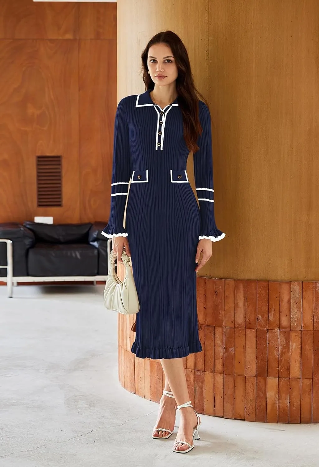 Pink Queen Women's V Neck Bodycon Sweater Dress 2024 Long Sleeve Half Button Slim Fitted Ruffle Ribbed Knit Maxi Pencil Dress