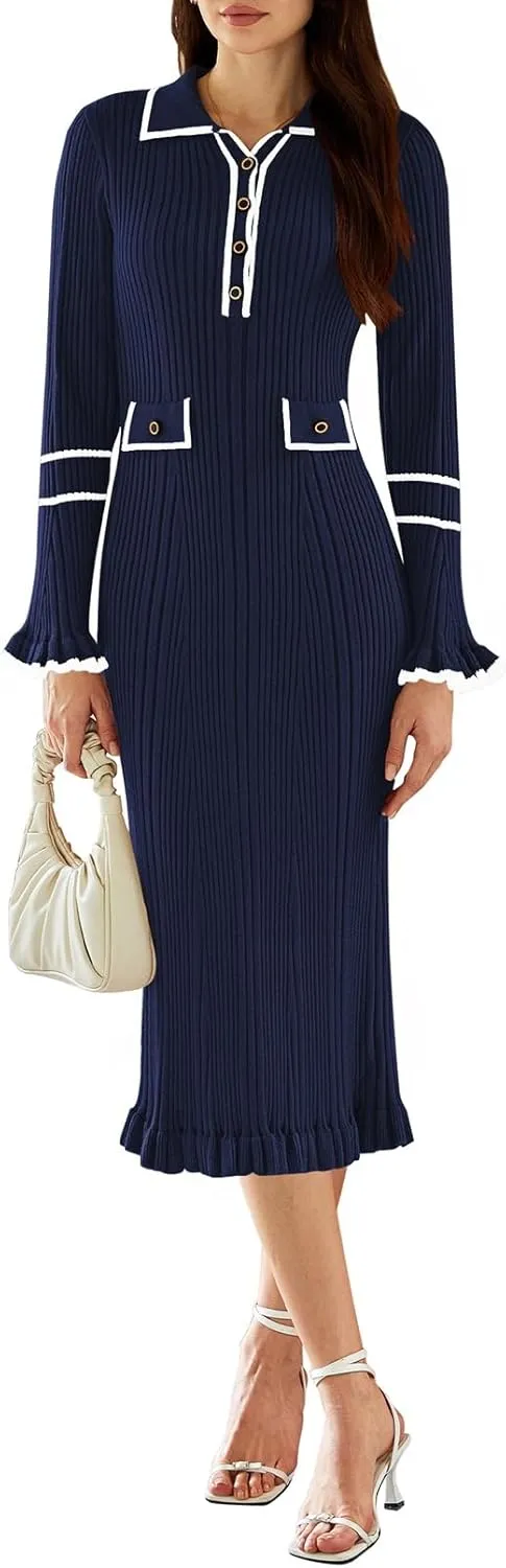 Pink Queen Women's V Neck Bodycon Sweater Dress 2024 Long Sleeve Half Button Slim Fitted Ruffle Ribbed Knit Maxi Pencil Dress