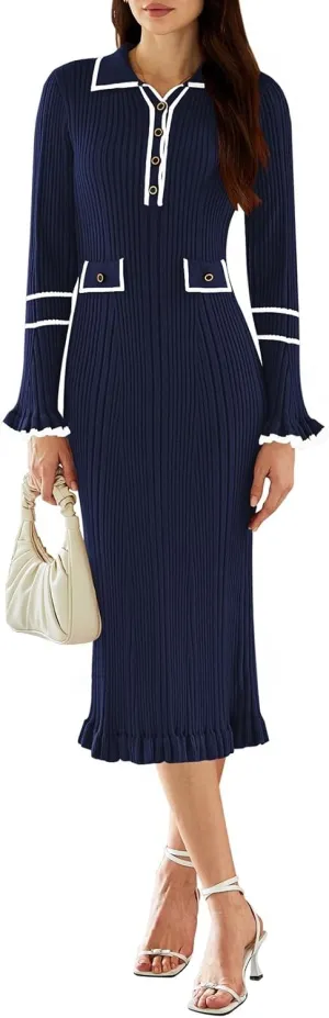 Pink Queen Women's V Neck Bodycon Sweater Dress 2024 Long Sleeve Half Button Slim Fitted Ruffle Ribbed Knit Maxi Pencil Dress