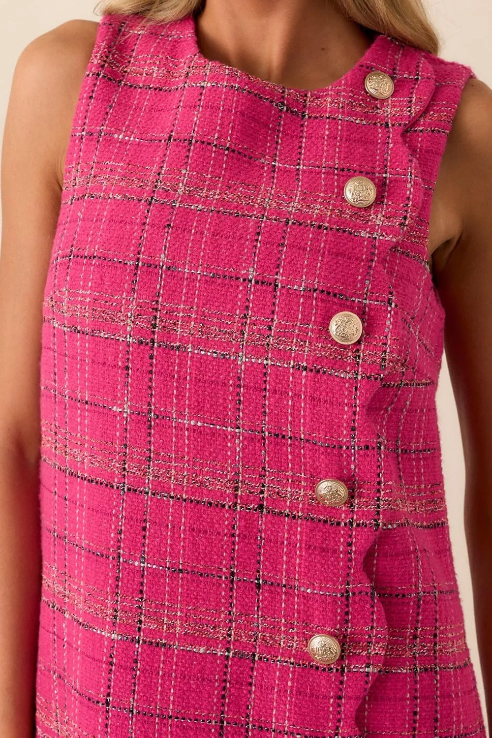 Plaid Sleeveless Tweed Mini Dress Womens Round Neck Petal Jackie Dress Elegant Party Cocktail Dress