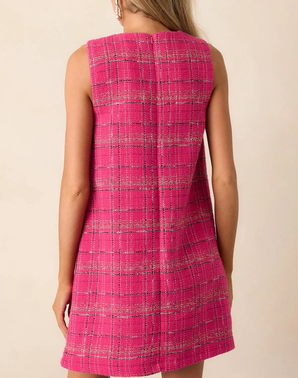 Plaid Sleeveless Tweed Mini Dress Womens Round Neck Petal Jackie Dress Elegant Party Cocktail Dress
