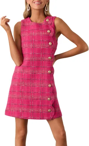 Plaid Sleeveless Tweed Mini Dress Womens Round Neck Petal Jackie Dress Elegant Party Cocktail Dress