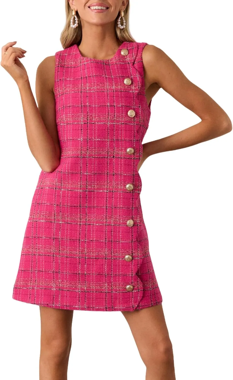 Plaid Sleeveless Tweed Mini Dress Womens Round Neck Petal Jackie Dress Elegant Party Cocktail Dress