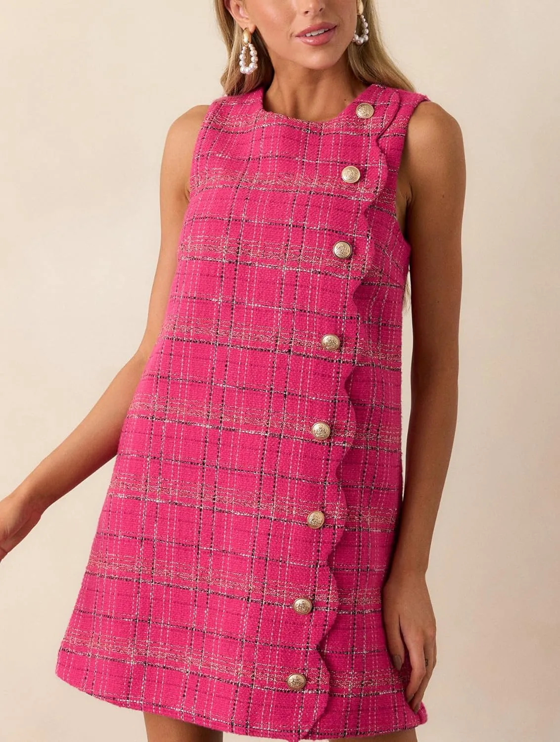Plaid Sleeveless Tweed Mini Dress Womens Round Neck Petal Jackie Dress Elegant Party Cocktail Dress