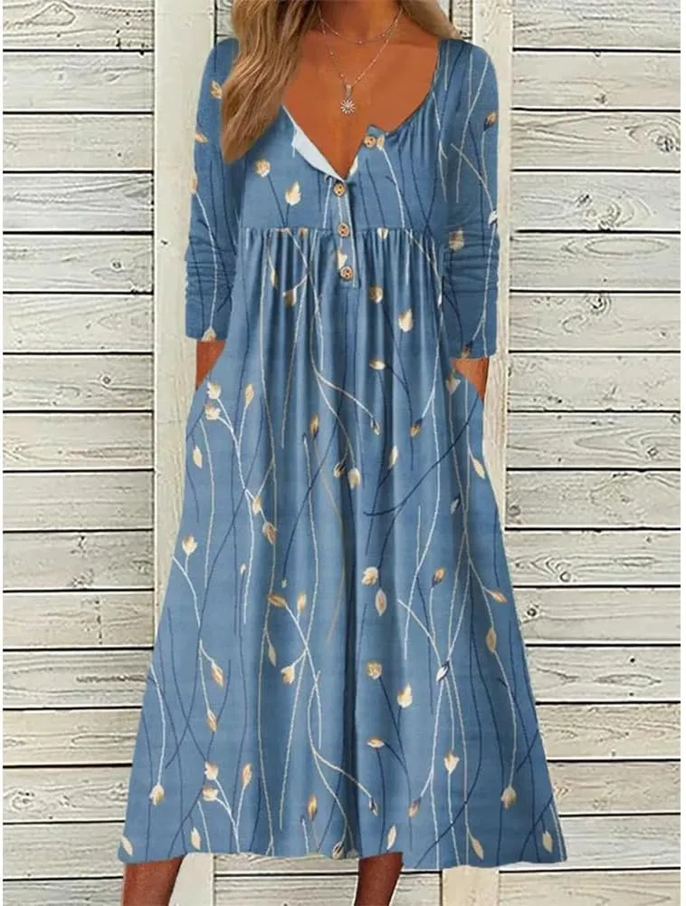 Plus Size Boho Midi Dress for Women Floral Print Summer Dresses Loose Short Sleeve V Neck Shirt Dress with Pockets