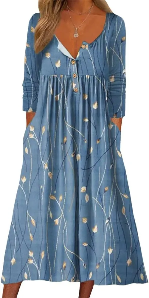 Plus Size Boho Midi Dress for Women Floral Print Summer Dresses Loose Short Sleeve V Neck Shirt Dress with Pockets