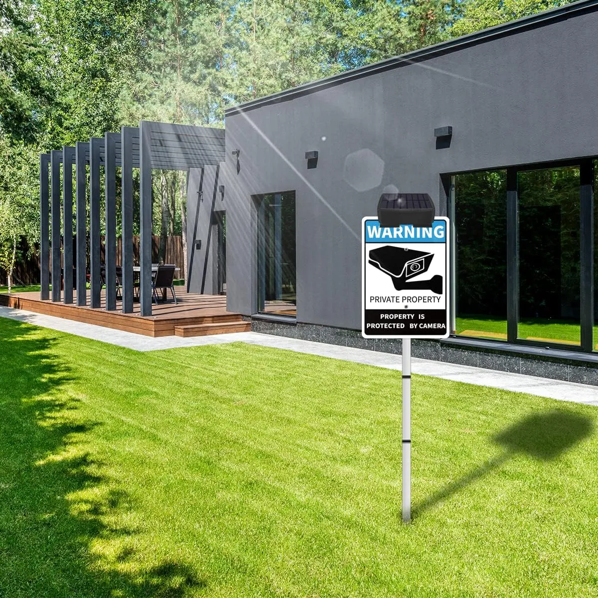 PRIVATE PROPERTY Yard Warning Sign Solar Powered, Rechargeable LED Illuminated Aluminum Video Surveillance Sign with Stake, Reflective Outside Security Sign Light Up For Houses