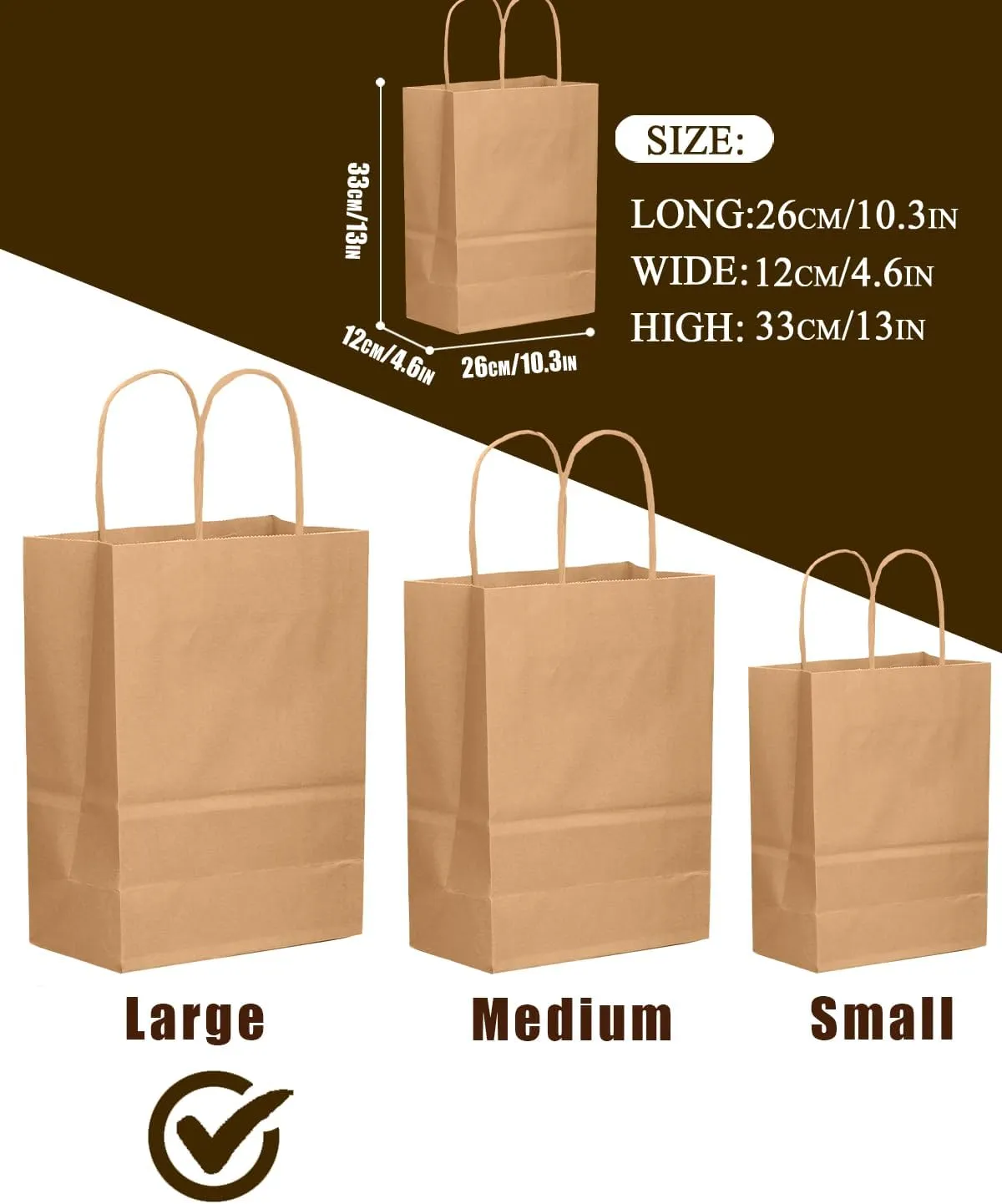 qiqee 100-Packs Brown Paper Gift Bags with Handles Bulk 13"10.2"4.7" Large Size Gift Bags Multiple Uses