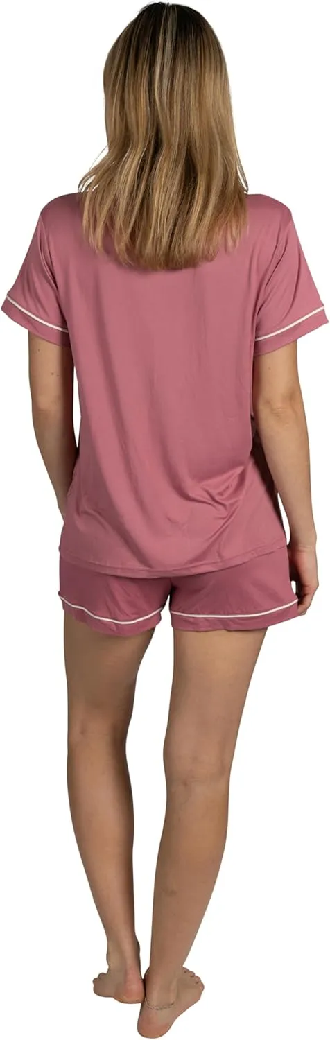 Rae Dunn Women's 3-Piece Pajama Set Short Sleeve Notch Collar Top, Shorts, and Comfy Pants Pj Set Soft Fabric