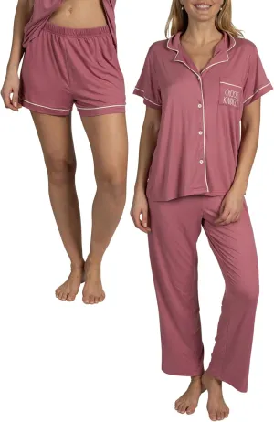 Rae Dunn Women's 3-Piece Pajama Set Short Sleeve Notch Collar Top, Shorts, and Comfy Pants Pj Set Soft Fabric