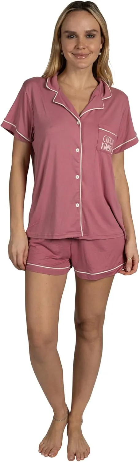 Rae Dunn Women's 3-Piece Pajama Set Short Sleeve Notch Collar Top, Shorts, and Comfy Pants Pj Set Soft Fabric