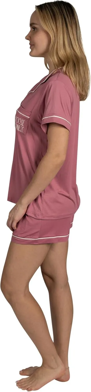 Rae Dunn Women's 3-Piece Pajama Set Short Sleeve Notch Collar Top, Shorts, and Comfy Pants Pj Set Soft Fabric