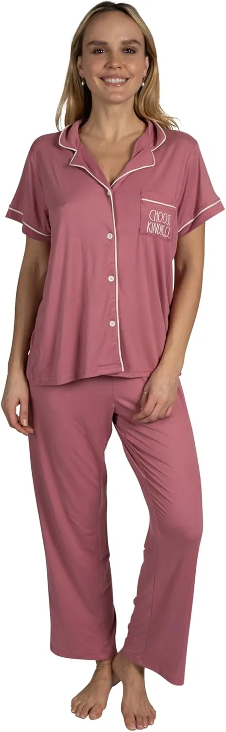 Rae Dunn Women's 3-Piece Pajama Set Short Sleeve Notch Collar Top, Shorts, and Comfy Pants Pj Set Soft Fabric
