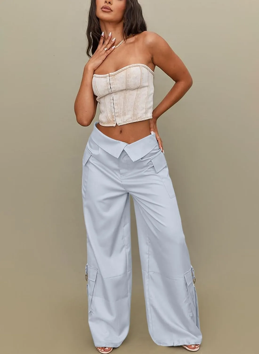 RAISECOM Cargo Pants for Women Lapel Waist Parachute Pants Casual Straight Pants with Flap Pockets