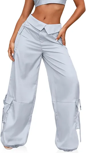 RAISECOM Cargo Pants for Women Lapel Waist Parachute Pants Casual Straight Pants with Flap Pockets