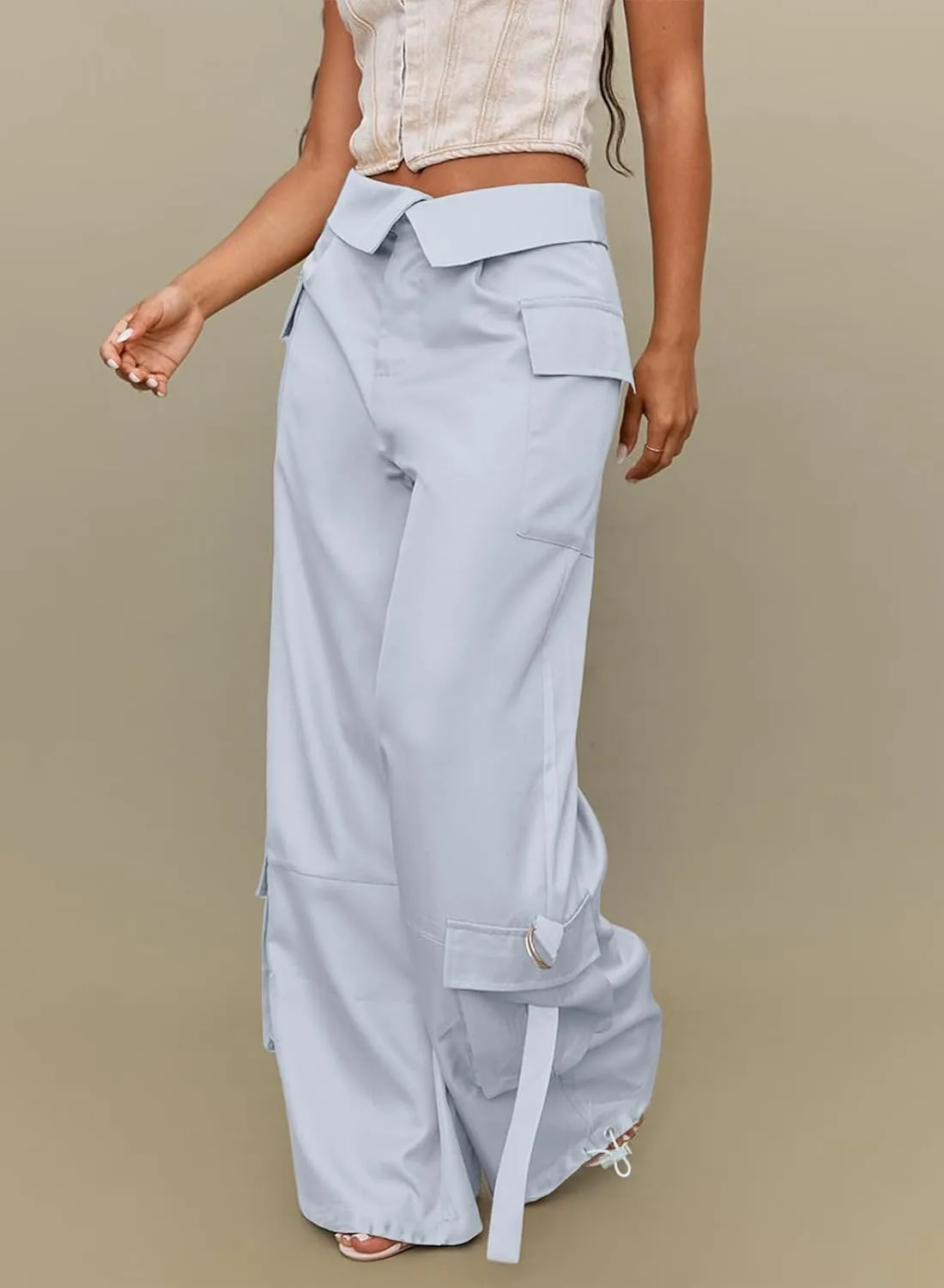 RAISECOM Cargo Pants for Women Lapel Waist Parachute Pants Casual Straight Pants with Flap Pockets