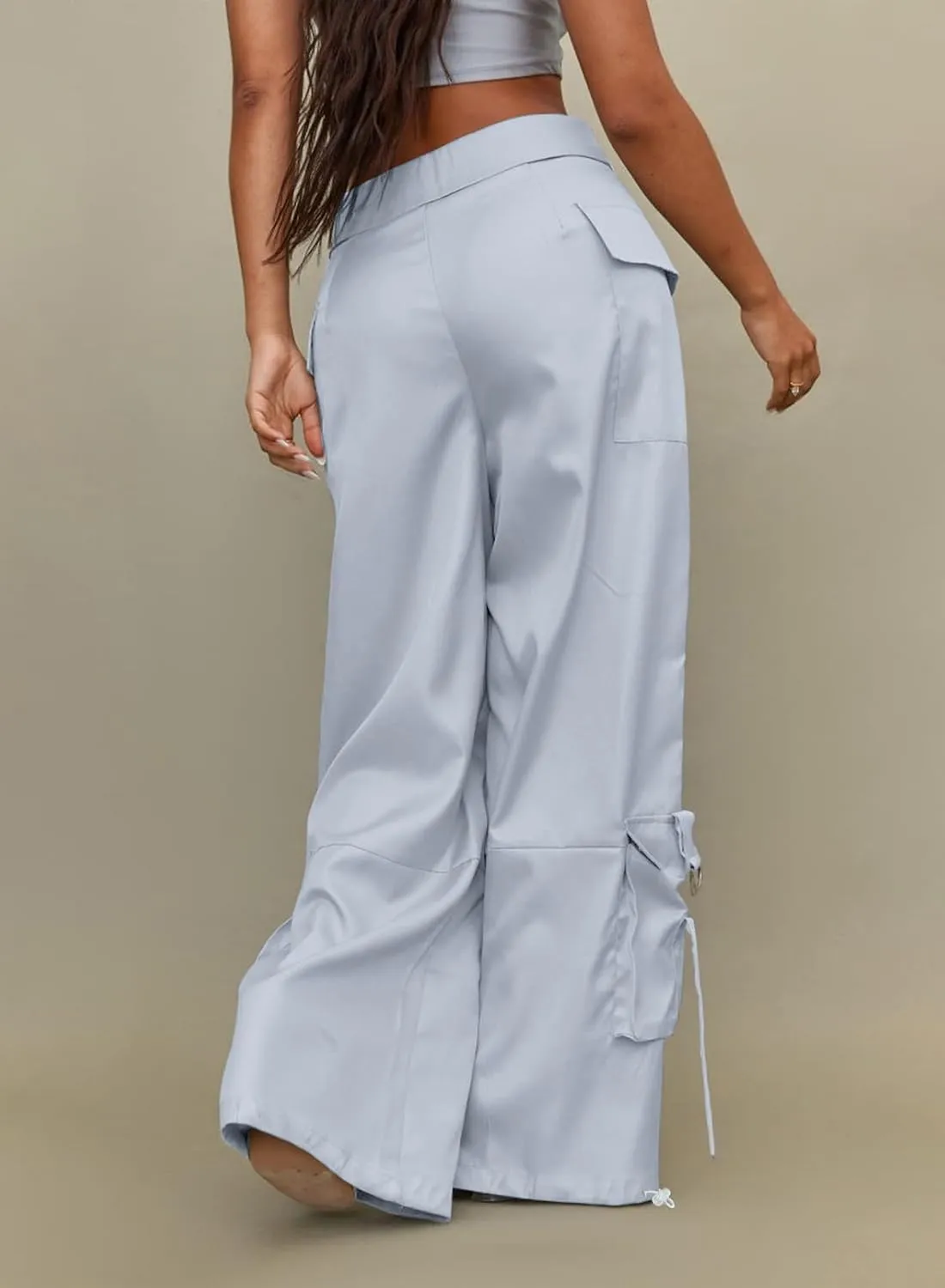 RAISECOM Cargo Pants for Women Lapel Waist Parachute Pants Casual Straight Pants with Flap Pockets
