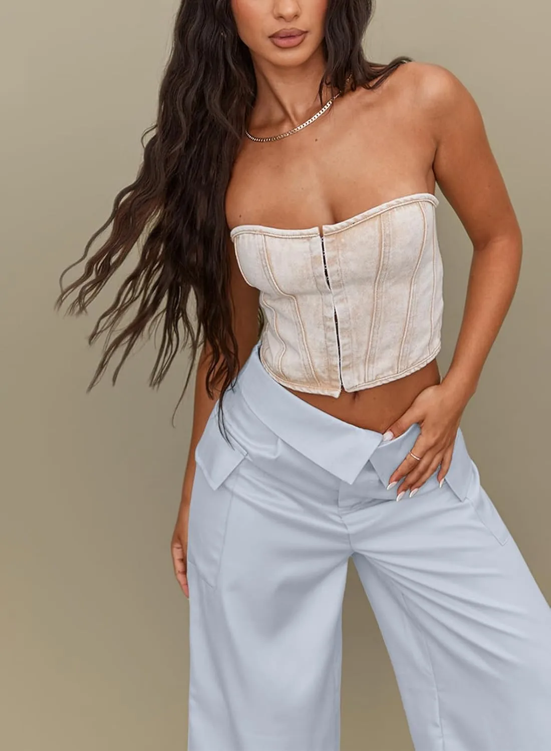 RAISECOM Cargo Pants for Women Lapel Waist Parachute Pants Casual Straight Pants with Flap Pockets