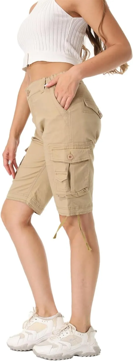 Raroauf Women's Cotton Casual Multi-Pockets Relaxe-Fit Twill Bermuda Cargo Shorts