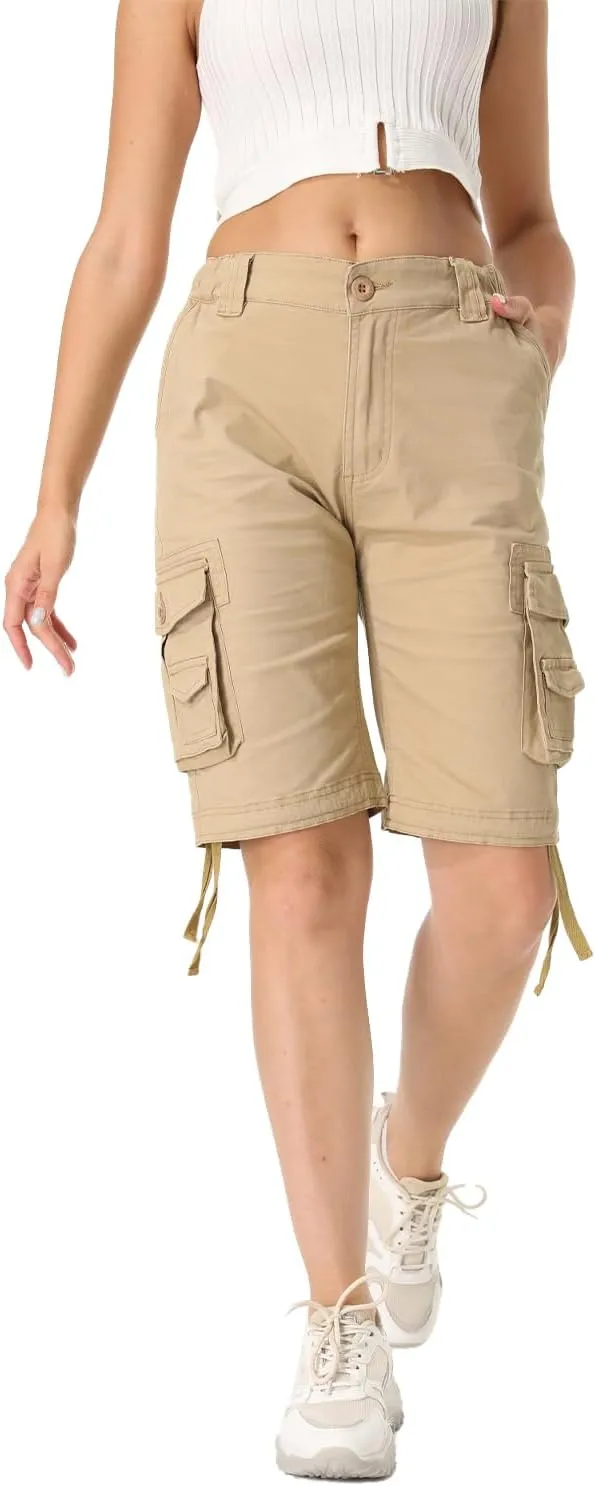 Raroauf Women's Cotton Casual Multi-Pockets Relaxe-Fit Twill Bermuda Cargo Shorts