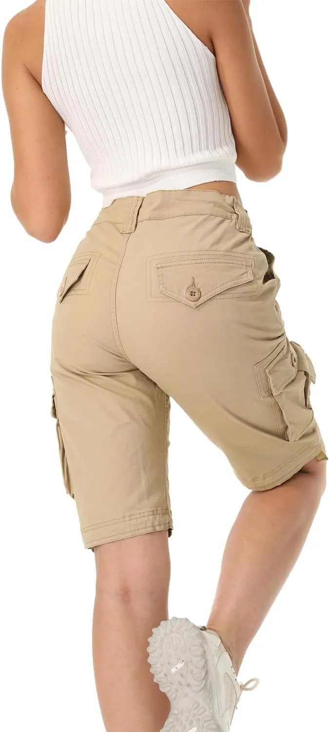 Raroauf Women's Cotton Casual Multi-Pockets Relaxe-Fit Twill Bermuda Cargo Shorts