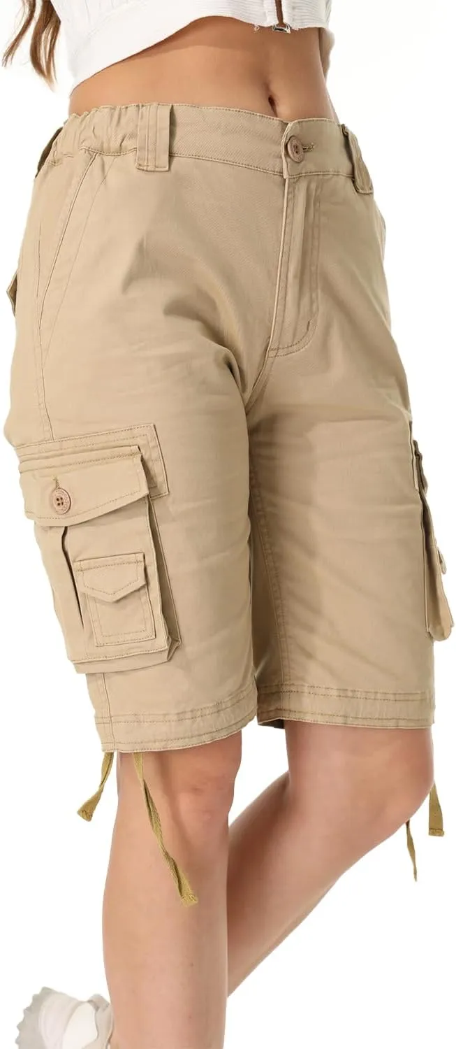 Raroauf Women's Cotton Casual Multi-Pockets Relaxe-Fit Twill Bermuda Cargo Shorts