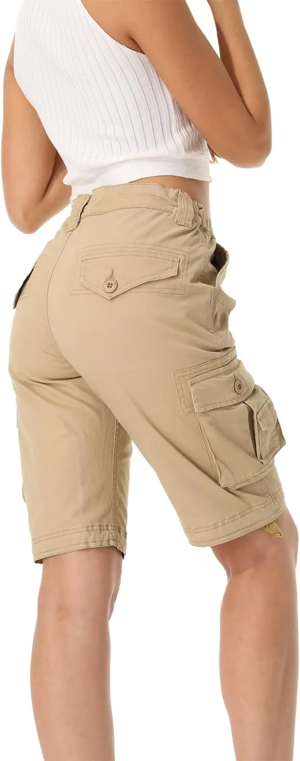 Raroauf Women's Cotton Casual Multi-Pockets Relaxe-Fit Twill Bermuda Cargo Shorts