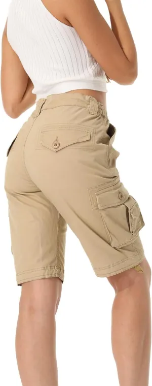 Raroauf Women's Cotton Casual Multi-Pockets Relaxe-Fit Twill Bermuda Cargo Shorts