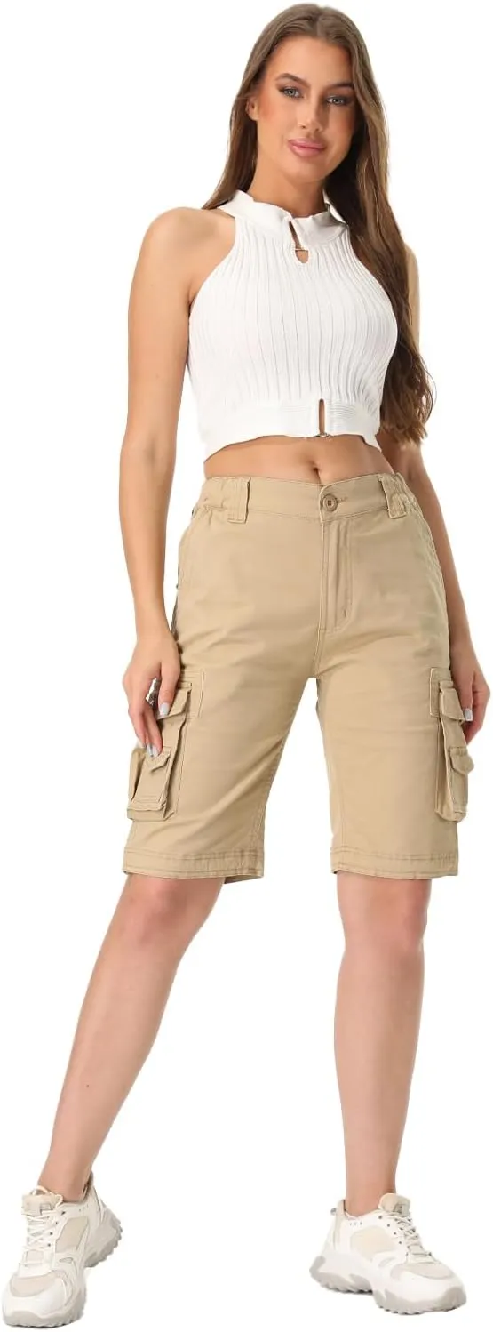 Raroauf Women's Cotton Casual Multi-Pockets Relaxe-Fit Twill Bermuda Cargo Shorts