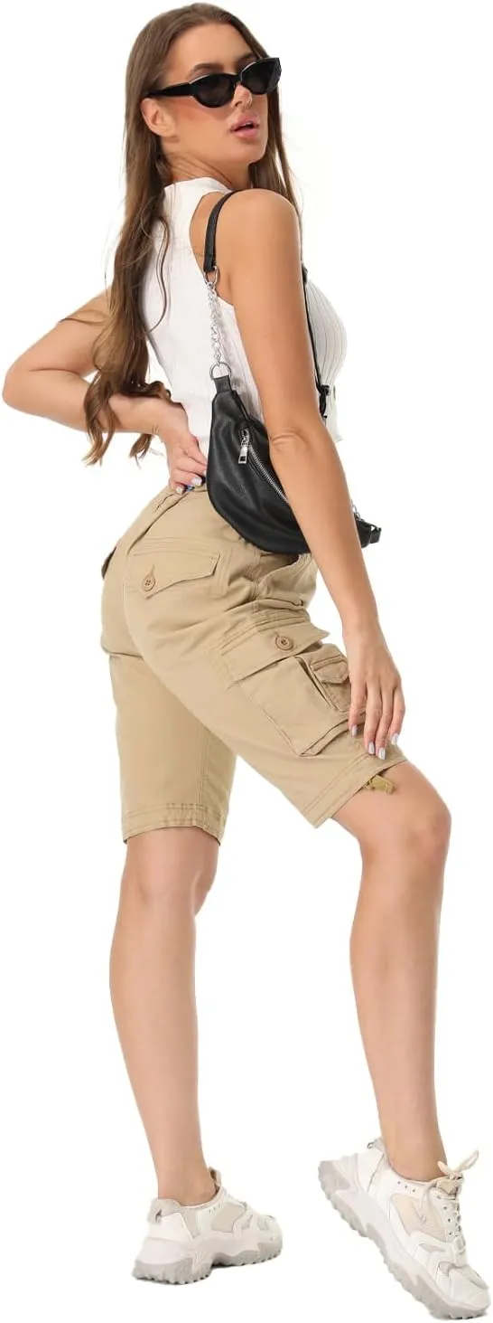 Raroauf Women's Cotton Casual Multi-Pockets Relaxe-Fit Twill Bermuda Cargo Shorts