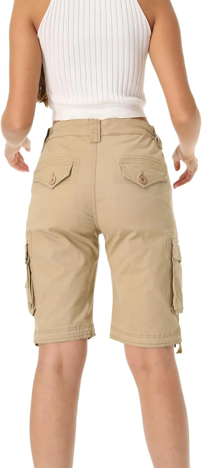 Raroauf Women's Cotton Casual Multi-Pockets Relaxe-Fit Twill Bermuda Cargo Shorts
