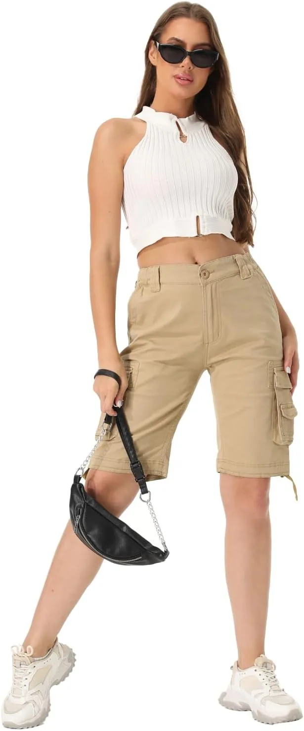 Raroauf Women's Cotton Casual Multi-Pockets Relaxe-Fit Twill Bermuda Cargo Shorts