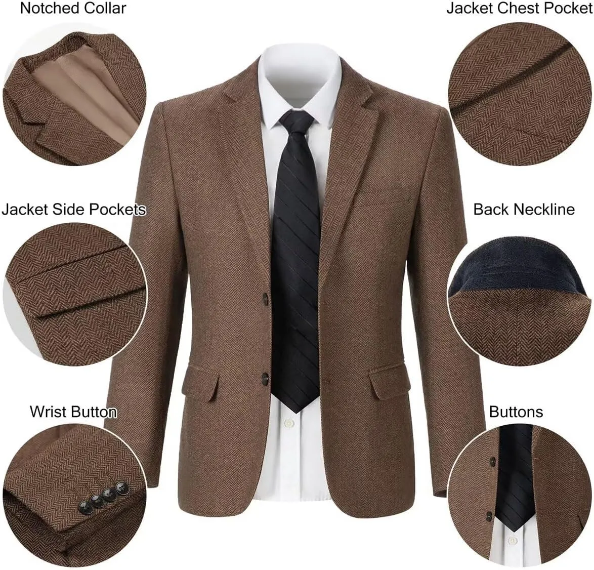Retro Tweed Men's Suit Jackets Herringbone Slim Fit Sport Coats Blazer Prom Business Casual Men Tux Jacket Wedding Blazers