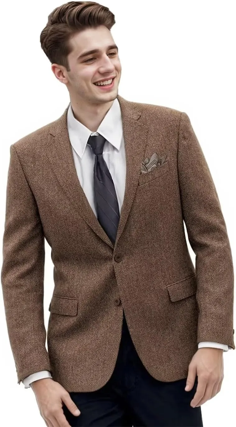 Retro Tweed Men's Suit Jackets Herringbone Slim Fit Sport Coats Blazer Prom Business Casual Men Tux Jacket Wedding Blazers