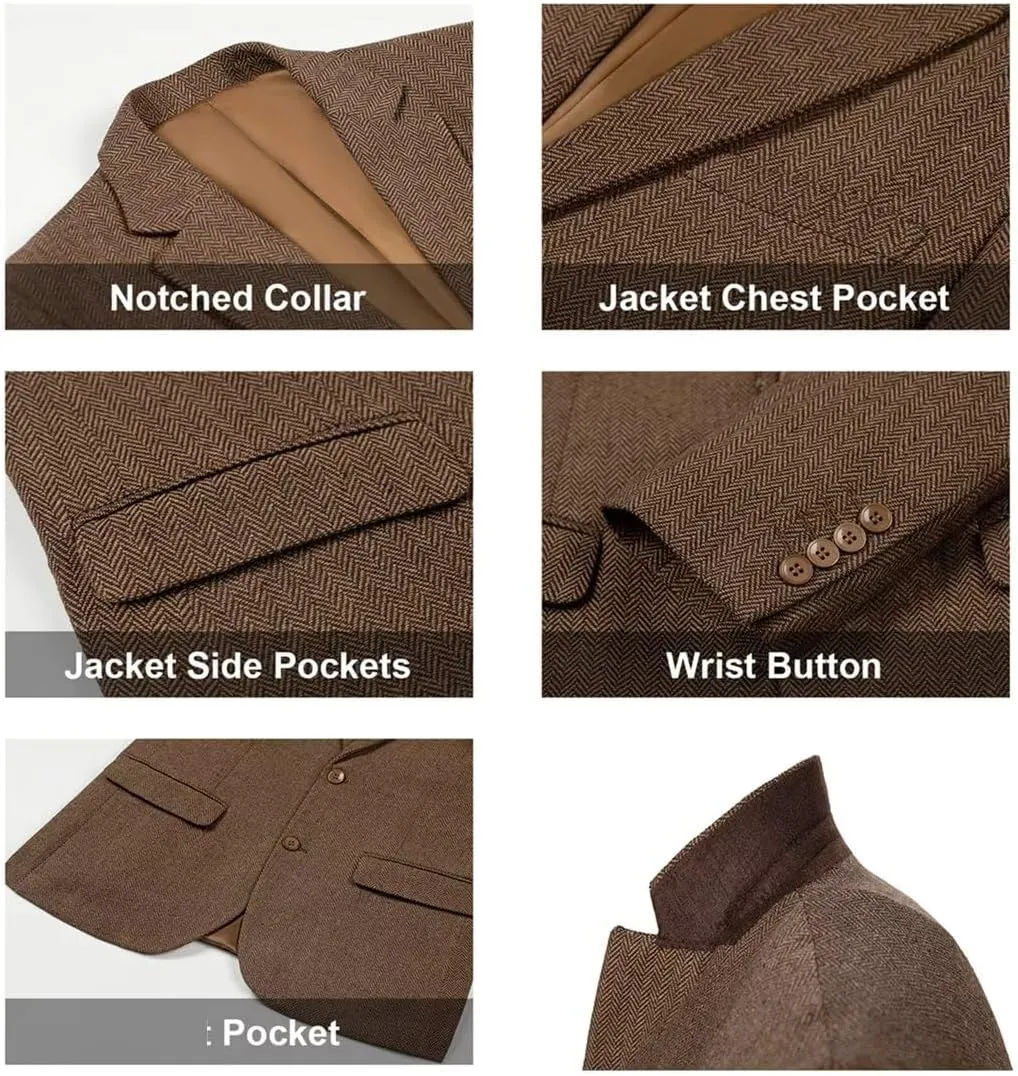 Retro Tweed Men's Suit Jackets Herringbone Slim Fit Sport Coats Blazer Prom Business Casual Men Tux Jacket Wedding Blazers