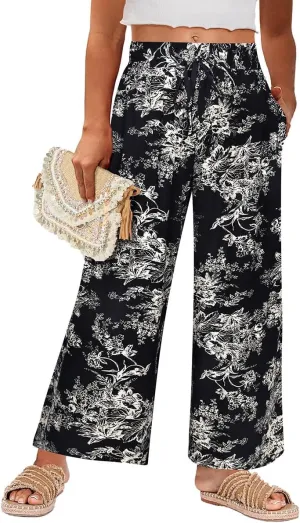 RITERA Womens Plus Size Elastic Waist Wide Leg Pants with Pockets Casual Loose High Waist Pleated Lounge Palazzo Trousers