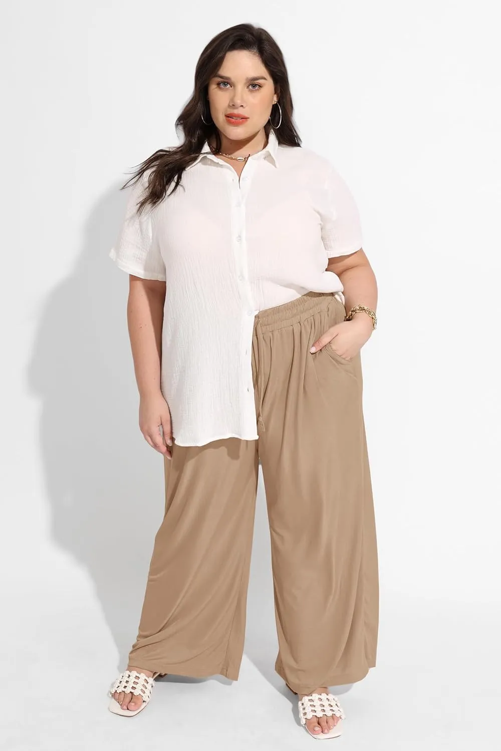 RITERA Womens Plus Size Elastic Waist Wide Leg Pants with Pockets Casual Loose High Waist Pleated Lounge Palazzo Trousers